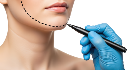 A gloved hand marks a woman's jawline with a dashed line close up view isolate plastic surgery cosmetic surgery