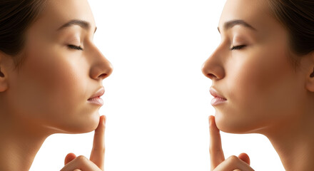 Profile view of two young women's faces with eyes closed and fingers on chins isolate Woman Side View