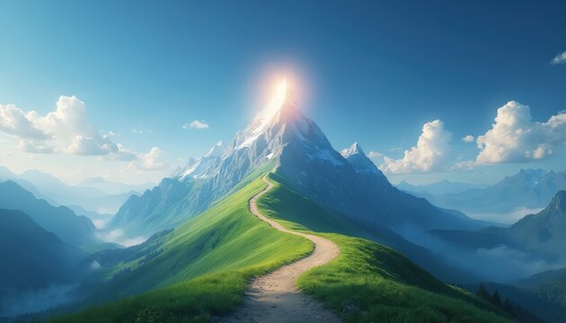 Winding dirt path leads up green mountain slope towards sunlit snowy peak. Majestic layered mountains stretch to horizon under blue sky with clouds. Journey represents success and achievement. - Powered by Adobe