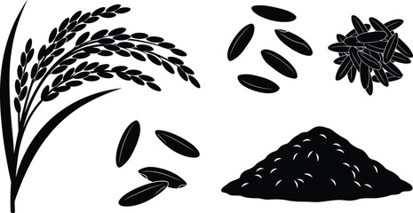 Black rice plant grains and pile illustration on transparent background silhouette © Lhvect02
