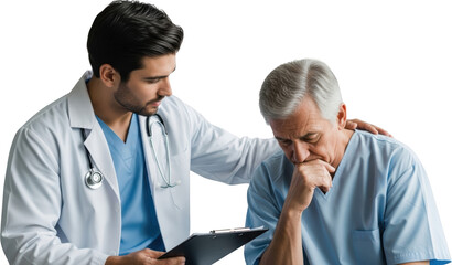 Doctor comforting a worried elderly patient while holding a medical chart isolate Male Care Health Doctorpatient
