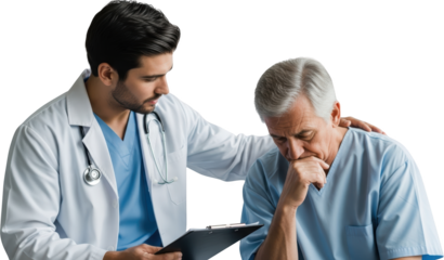 Doctor comforting a worried elderly patient while holding a medical chart isolate Male Care Health Doctorpatient
