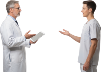 Senior doctor in white coat shows tablet to younger colleague wearing scrubs discussing medical information isolate