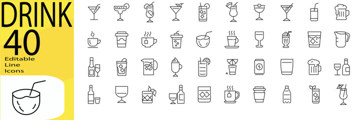Drink icon set. Vector illustrations. Editable strokes.