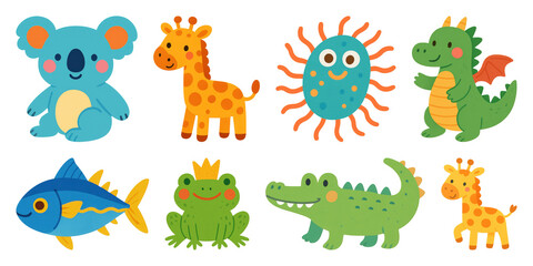 Obraz premium PNG Colorful cartoon animal illustrations, element set on transparent background