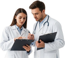 Two medical professionals a man and a woman in white coats discuss medical charts with stethoscopes doctor transparent background