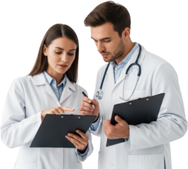 Two medical professionals a man and a woman in white coats discuss medical charts with stethoscopes doctor transparent background