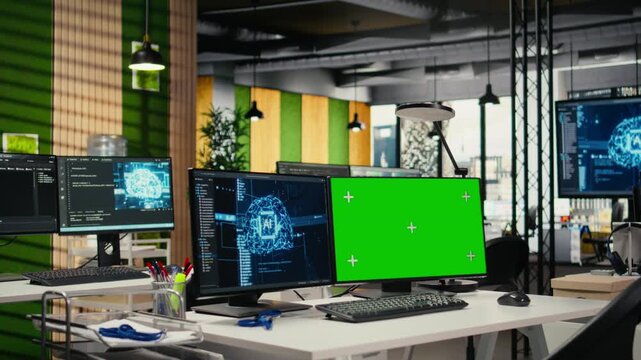 Green screen PCs on office desk used to implement algorithms enabling machine learning. Artificial intelligence technology company workspace with chroma key computers used to conduct code reviews