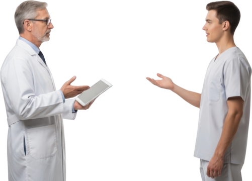 Senior doctor in white coat shows tablet to younger colleague wearing scrubs discussing medical information isolate - Powered by Adobe
