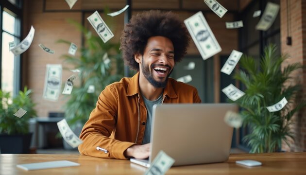 Man laughs using laptop with money falling. He works online, finds financial success, earning wealth. Digital currency and business opportunities bring fortune. Guy celebrates internet income.