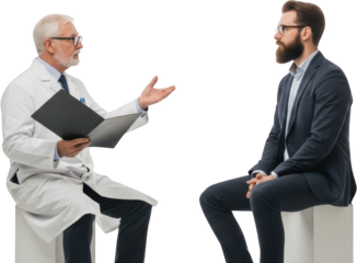 Doctor in lab coat converses with businessman holding a folder isolate physician medical healthcare patient
