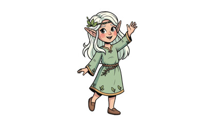Naklejka premium A charming illustration of a whimsical elven child waving hello with a delightful smile 