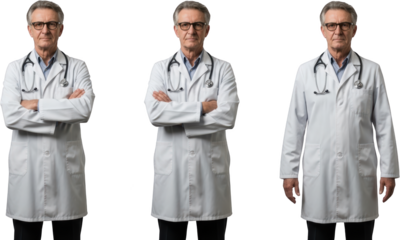 Three identical senior male doctors wearing white lab coats and stethoscopes with arms crossed medical transparent background