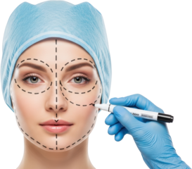 Woman's face marked with dashed lines wearing surgical cap hand holding marker isolated cosmetic surgery transparent background