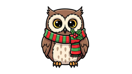 Fototapeta premium An adorable owl wearing a scarf with christmas decorative. It is a symbol of wisdom, the owl has big eyes and beautiful plumage
