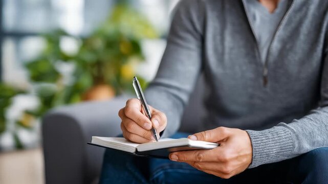 Close up of male hands holding a pen and writing in a notebook, suggesting productivity and organization. The cozy indoor setting highlights focus, creativity, and personal reflection