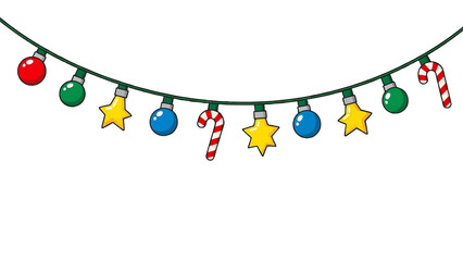 Festive string of Christmas lights with colorful decorations. Perfect for holiday themes and celebrations