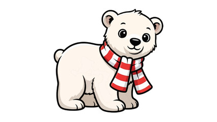 Fototapeta premium Cute polar bear cub wearing a scarf, drawn in cartoon style. The polar bear has a happy and cheerful expression.