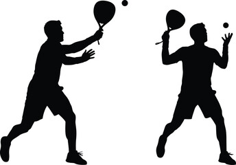 Two tennis players in action during a match black silhouette on transparent background