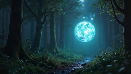 Obraz premium Magical blue moon glowing in dark forest 