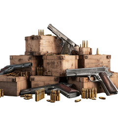 Obraz premium Pile of Weaponry: An assortment of meticulously arranged pistols and ammunition crates. The weapons glint and lie among the scattered bullets and wooden crates.
