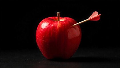 Bright red apple with a small dart sticking out of it on a dark background
