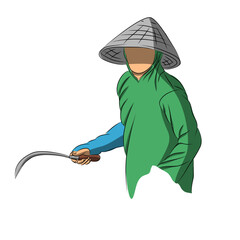 Asian Farmer with Sickle and Conical Hat Working in Field