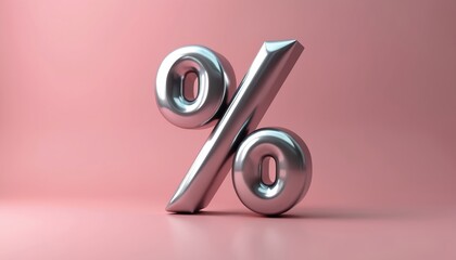 Shiny metallic percent symbol on pink background. Graphic element represents discounts sales and finance. Modern 3d illustration for business.