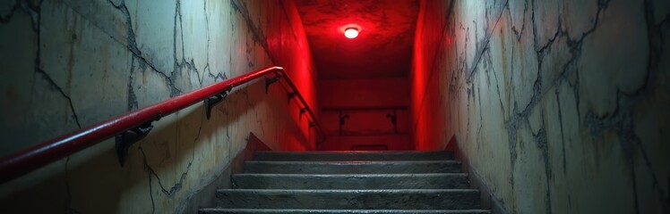 Red lit staircase descends into darkness. Ominous atmosphere created by lighting in vintage building. Architectural detail offers sense of intrigue, mystery. Concrete steps lead to foreboding passage.