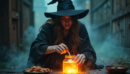 Woman in witch hat stirring glowing potion in smoky background
