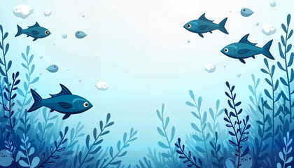 Naklejka premium Underwater scene with fish swimming among blue plants 