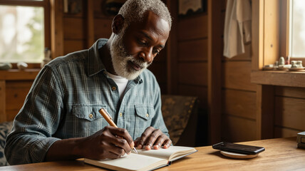 Elderly black man writing in notebook while sitting at wooden table, Minimalist Digital Detox Concept 