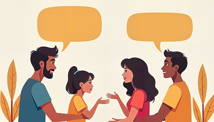 Family engaging in conversation with speech bubbles in a flat design
