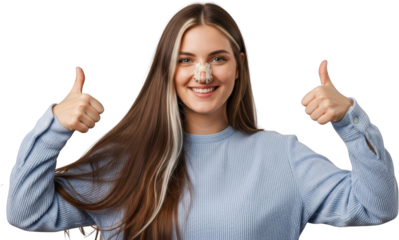 Smiling young woman with nasal dilator giving thumbs up isolate Approval Positive Happy Good Yes Okay