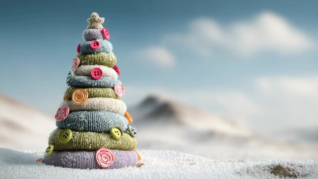 Whimsical yarn christmas tree with buttons and swirls in a snowy landscape