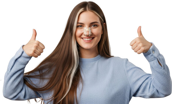 Smiling young woman with nasal dilator giving thumbs up isolate Approval Positive Happy Good Yes Okay