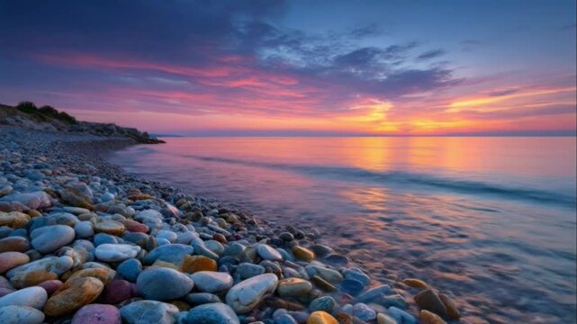 A breathtaking coastal scene unfolds during a vibrant sunset or sunrise, casting an ethereal glow across the horizon and reflecting gorgeously on the calm waters. The tranquil ocean gently laps agains