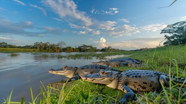 Crocodiles rest on a grassy bank beside a serene body of water under a partly cloudy sky
