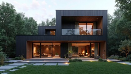 Modern luxury home with dark facade, wooden elements in forest setting. Large windows reveal illuminated living spaces, balcony overlook rich green plants. Minimalist cubic villa design offers serene