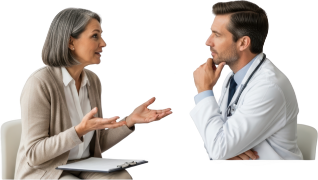 A doctor in a white coat consults with a patient holding a folder both seated consultation medical healthcare transparent background - Powered by Adobe