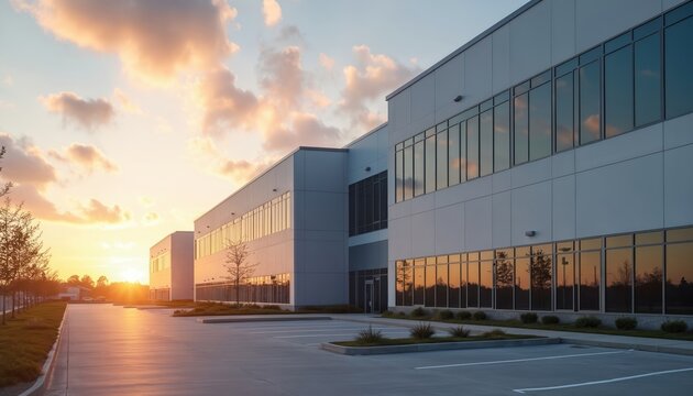 Modern industrial building exterior, empty parking lot at beautiful sunset. Commercial real estate property with white facade, glass windows. Corporate office, warehouse business logistics center at - Powered by Adobe