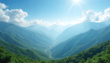 Misty mountain valley with river winding through green hills under bright sunny sky. Rich forests cover slopes in this tranquil natural landscape scene.