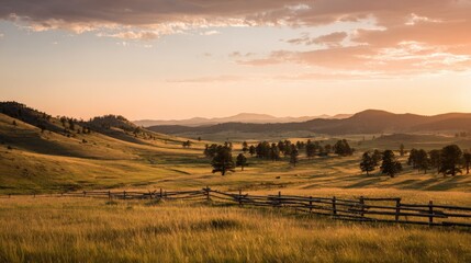Fototapeta premium Scenic Golden Hour Landscape with Rolling Hills, Meadows, and a Wooden Fence in the Countryside