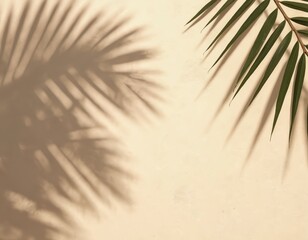 Obraz premium Palm leaf shadow on textured beige wall. Natural light creates abstract pattern for minimal backdrop. Tropical vibe for summer travel themes.