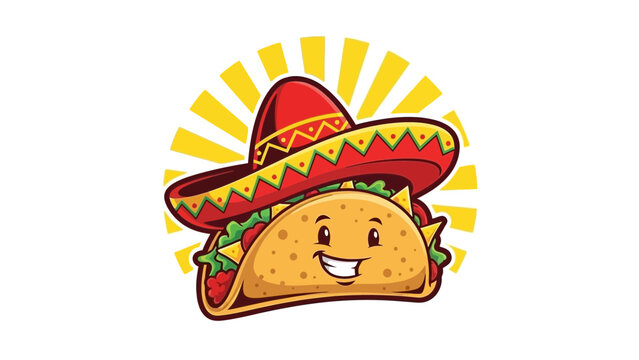 Cheerful taco cartoon character wearing a sombrero, ready to fiesta and bring joy
