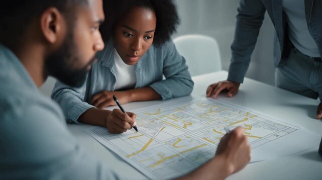 Diverse Team of Professionals Collaborating on a Project Map.