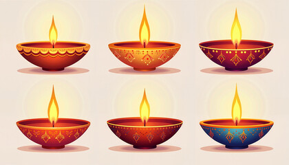 Colorful decorative oil lamps with flames against a light background

