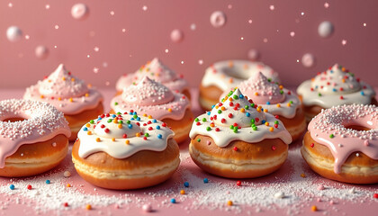 Delicious donuts with pink frosting on pastel pink background
