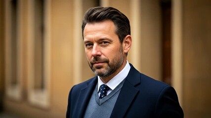 Distinguished Portrait: A sharply dressed man with a composed expression poses confidently, radiating professionalism and intellectual depth, a testament to his poise and character.