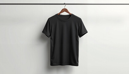 Black t-shirt hanging on a hanger against a white background
